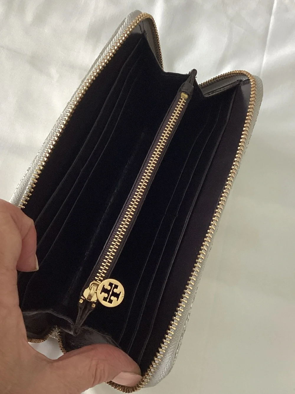 Tory Burch Silver Zip-Around Wallet with Gold Logo